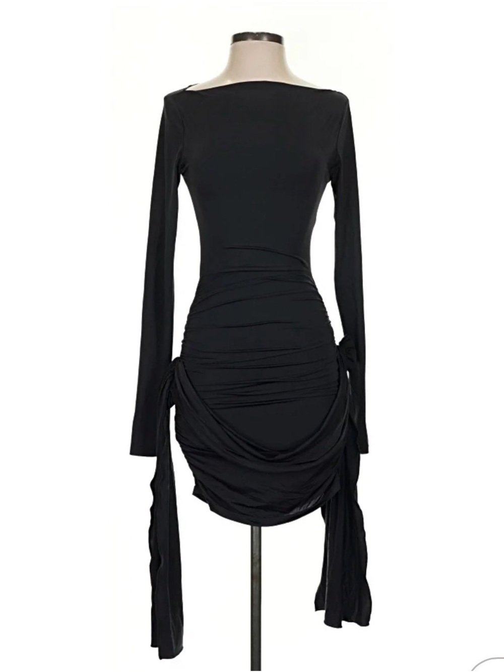 Lioness Black Long-Sleeve Ruched Draped Midi Dress